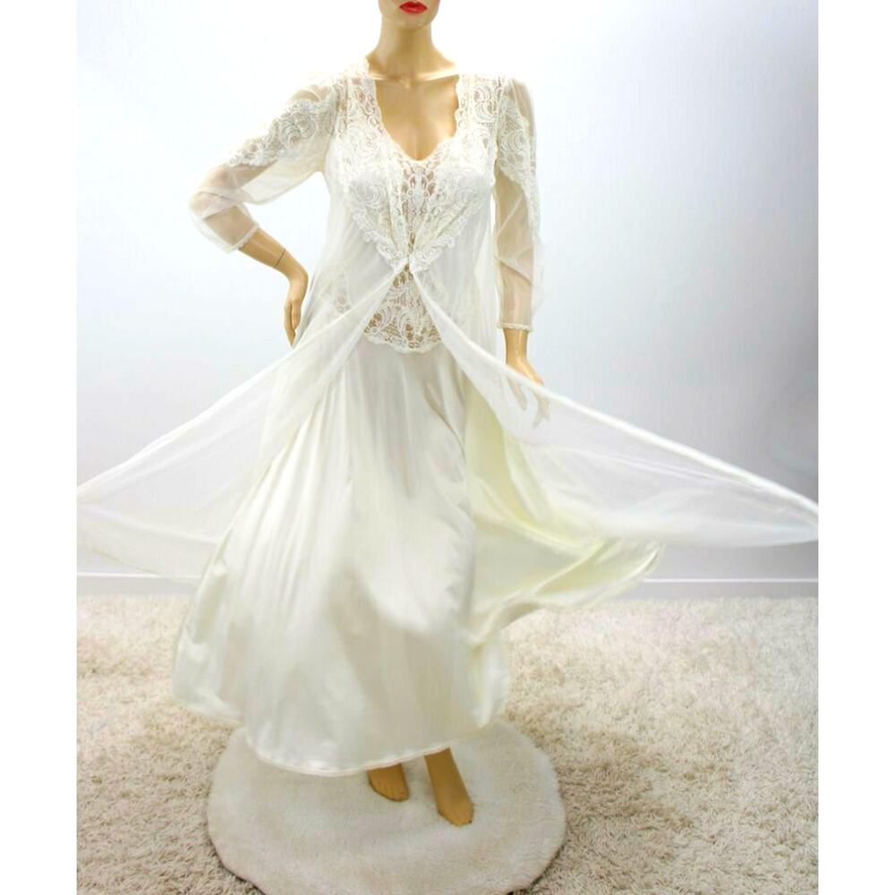 Vintage Victoria's Secret Bridal Nightgown Peignoir Robe set Chiffon Ivory M